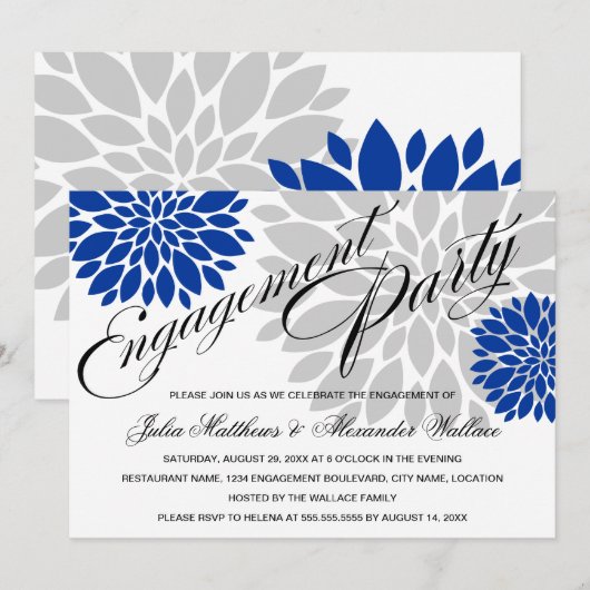 Invitation Royal Blue Silver Floral Bural (Devant / Derrière)