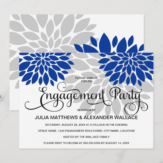 Invitation Royal Blue Silver Floral Bural (Devant / Derrière)