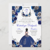 Invitation Royal Blue & Silver Floral Elegant Quinceañera (Devant)