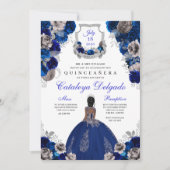 Invitation Royal Blue & Silver Floral Elegant Quinceañera (Devant)