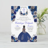 Invitation Royal Blue & Silver Floral Elegant Quinceañera (Debout devant)