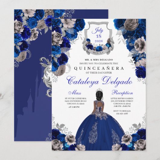 Invitation Royal Blue & Silver Floral Elegant Quinceañera (Devant / Derrière)