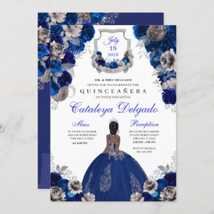 Invitation Royal Blue & Silver Floral Elegant Quinceañera