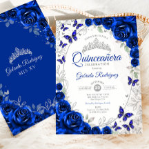 Royal Blue Silver Floral Quinceanera
