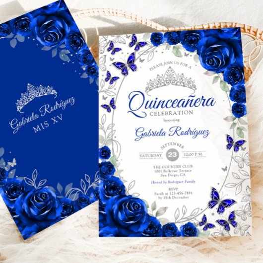 Invitation Royal Blue Silver Floral Quinceanera