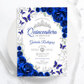 Invitation Royal Blue Silver Floral Quinceanera