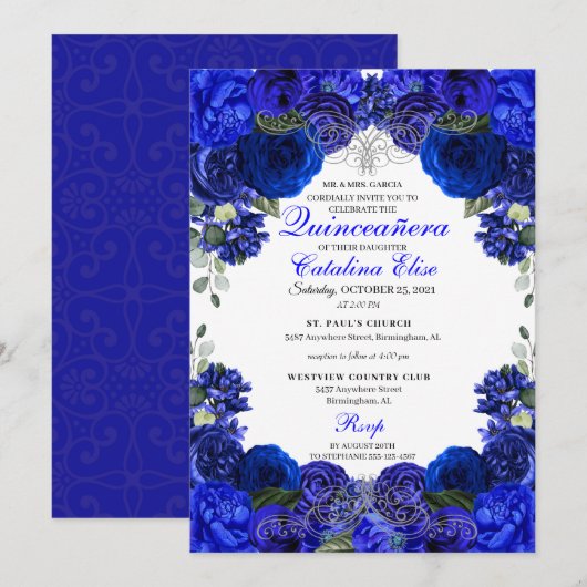 Invitation Royal Blue & Silver Floral Quinceanera Anniversair (Devant / Derrière)
