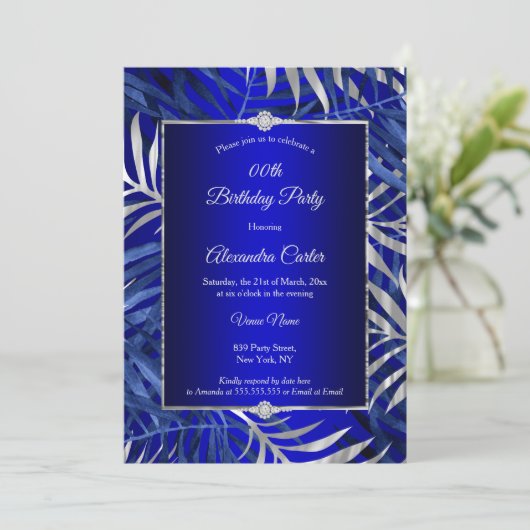 Invitation Royal Blue Silver Grey Palm Diamond Anniversaire (Debout devant)