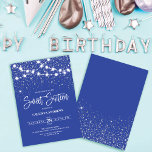 Invitation Royal Blue Silver Parties scintillant étincelles l<br><div class="desc">Cette majestueuse et glamour invitation d'anniversaire sweet sixteen est parfaite pour la fille fille. Il présente des brins lumineux suspendus au-dessus de confettis de parties scintillant brillant en argent faux imprimé sur un arrière - plan bleu royal inspiré des étoiles dans le ciel nocturne. C'est joli, chic, moderne, tendance et...</div>