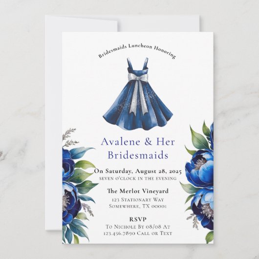 Invitation Royal Blue Silver Parties scintillant Peony Brides (Devant)