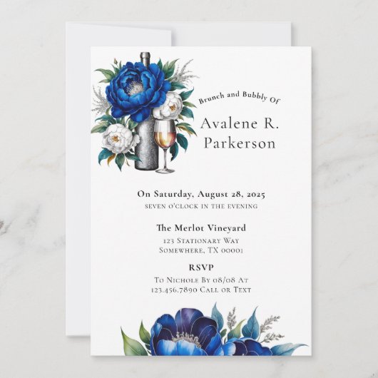 Invitation Royal Blue Silver Parties scintillant Peony Brunch (Devant)