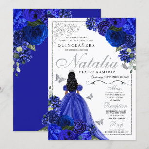 Invitation Royal Blue Silver Princess Butterflies Quinceañera