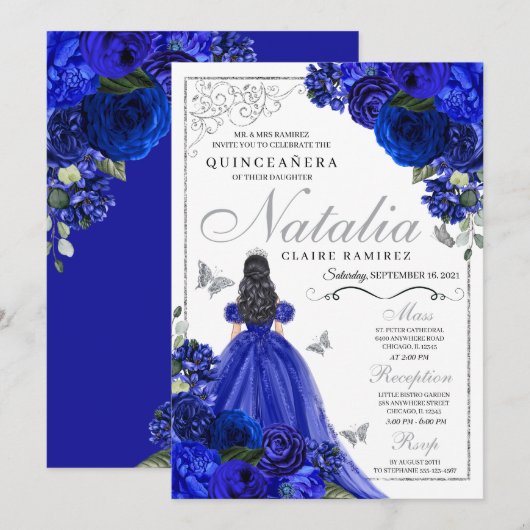 Invitation Royal Blue Silver Princess Butterflies Quinceañera (Devant / Derrière)
