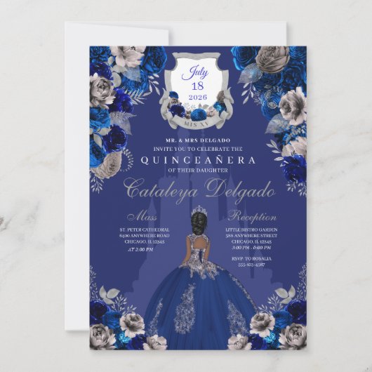 Invitation Royal Blue & Silver Princess Castle Quinceañera (Devant)