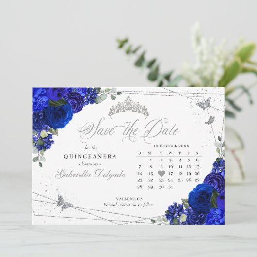 Invitation Royal Blue & Silver Quinceañera Enregistrer La Dat (Debout devant)