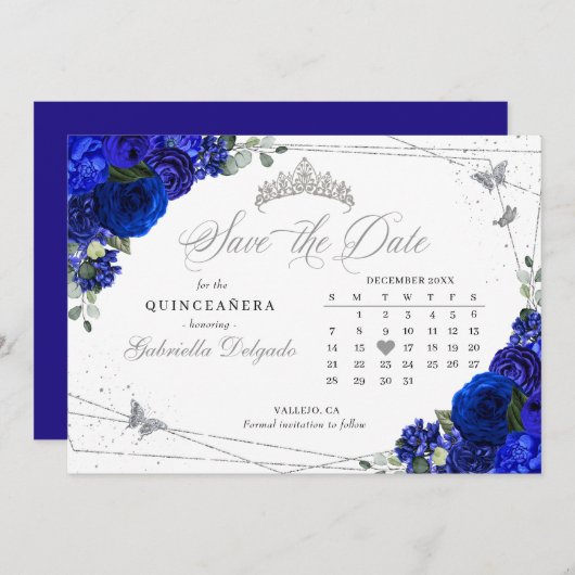 Invitation Royal Blue & Silver Quinceañera Enregistrer La Dat (Devant / Derrière)