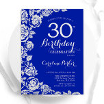 Invitation Royal Blue Silver Roses 30e fête d'anniversaire<br><div class="desc">Invitation à la fête du 30e anniversaire Royal blue silver floral. Design élégant avec rose,  faux feuille d'argent et police de script de typographie. Carte invitation tendance parfaite pour une célébration anniversaire élégante. Peut être customisé à n'importe quel âge. Invitations Zazzle imprimées ou téléchargement instantané modèle imprimable numérique.</div>