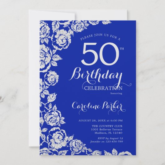 Invitation Royal Blue Silver Roses 50e fête d'anniversaire (Devant)