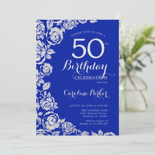Invitation Royal Blue Silver Roses 50e fête d'anniversaire (Debout devant)