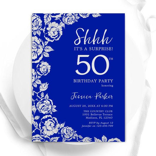 Invitation Royal Blue Silver Roses Surprise 50e anniversaire