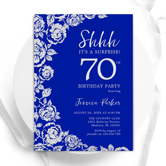 Invitation Royal Blue Silver Roses Surprise 70e anniversaire
