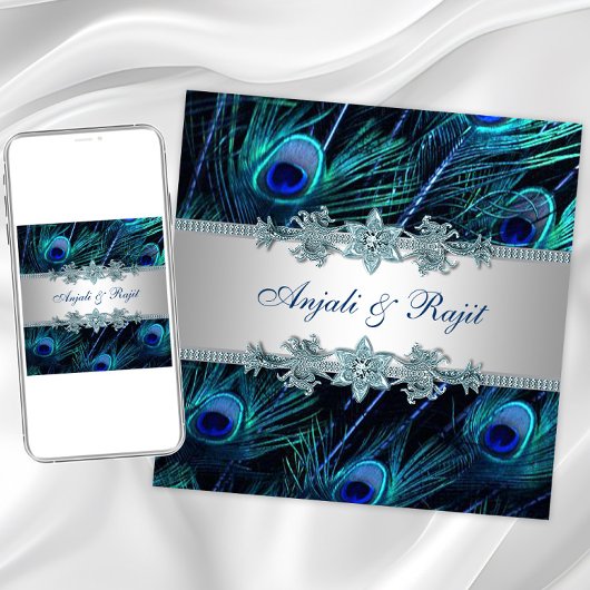 Invitation Royal Blue Silver Royal Indian Peacock Mariage