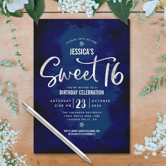 Invitation Royal Blue Silver Script Bold Sweet 16 Anniversair