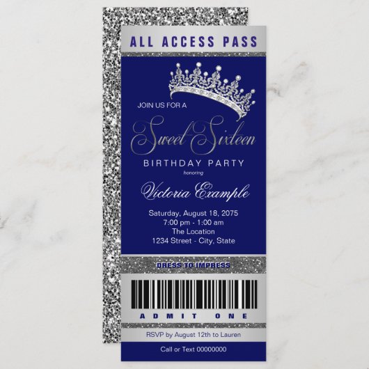 Invitation Royal Blue Silver Sweet 16 (Devant / Derrière)