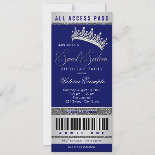 Invitation Royal Blue Silver Sweet 16 (Devant)
