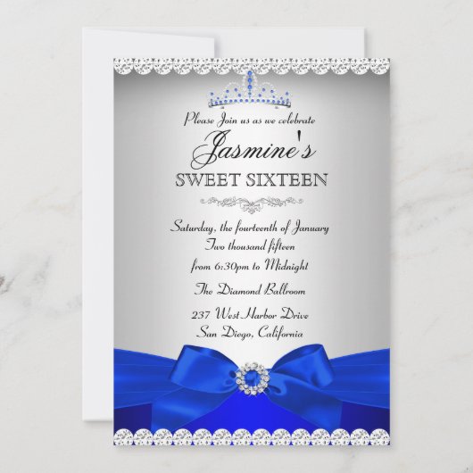 Invitation Royal Blue & Silver Sweet 16 fête d'anniversaire (Dos)