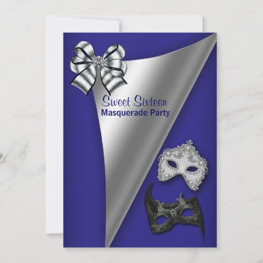 Invitation Royal Blue Silver Sweet sixteen Masquerade Party (Devant)