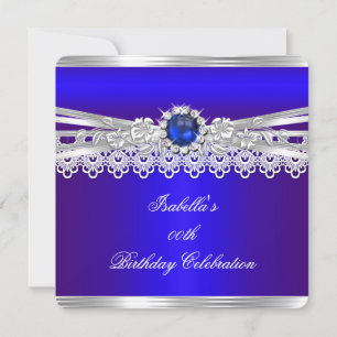 Invitation Royal Blue Silver White Pearl Lace Floral Annivers