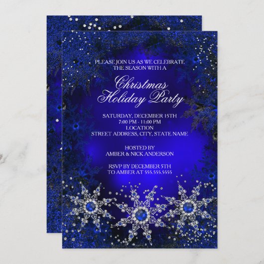 Invitation Royal Blue Snowflakes Noël Fête (Devant / Derrière)