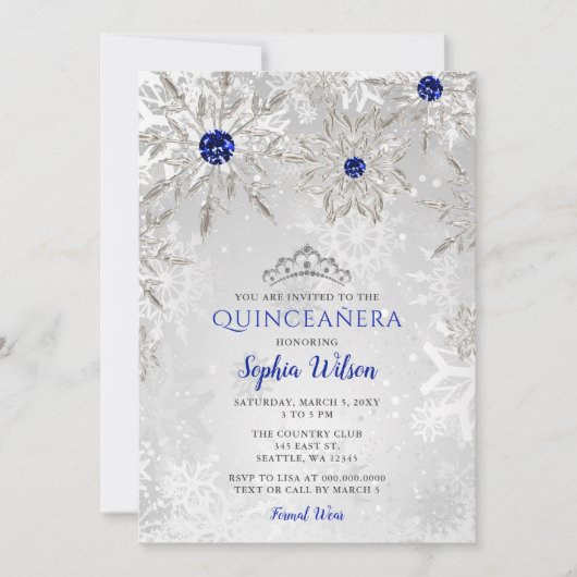 Invitation Royal Blue Snowflakes Tiara Quinceañera (Devant)