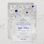 Invitation Royal Blue Snowflakes Tiara Quinceañera (Devant / Derrière)