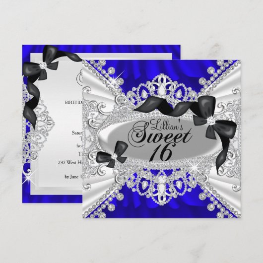 Invitation Royal Blue Sparkle Diamond & Bow pour l (Devant / Derrière)