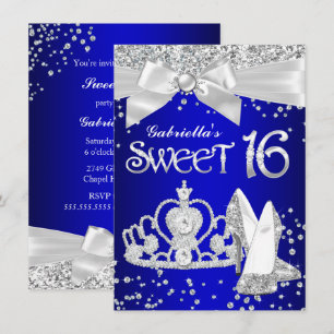 Invitation Royal Blue Sparkle Tiara Heels Sweet 16 Party