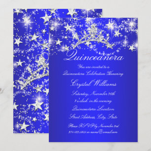 Invitation Royal Blue Sparkle Tiara Stars Quinceanera
