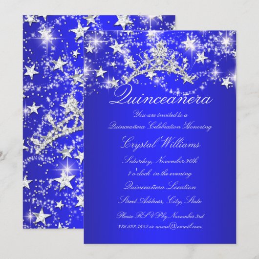 Invitation Royal Blue Sparkle Tiara Stars Quinceanera (Devant / Derrière)