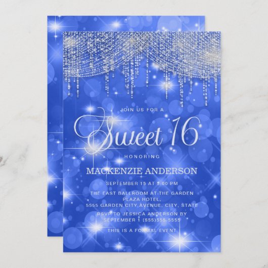 Invitation Royal Blue String Lights Sparkle Sweet 16 (Devant / Derrière)