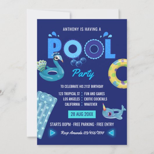 Invitation Royal Blue Summer Pool fête d'anniversaire (Devant)
