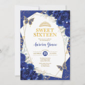 Invitation Royal Blue Sweet 16 papillons Fête géométrique (Devant)