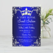 Invitation Royal Blue Sweet 16 Silver Pearl Damask couronne (Debout devant)