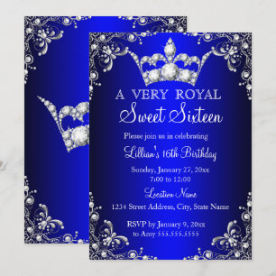 Invitation Royal Blue Sweet 16 Silver Pearl Damask couronne