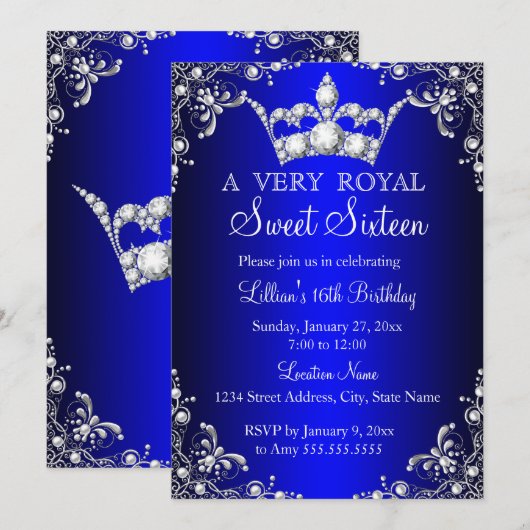 Invitation Royal Blue Sweet 16 Silver Pearl Damask couronne (Devant / Derrière)