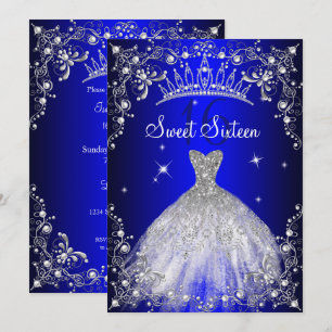 Invitation Royal Blue Sweet 16 Silver Pearl Dress fête