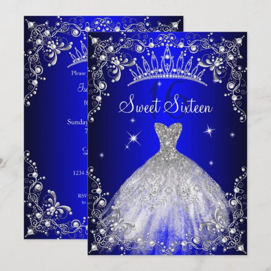 Invitation Royal Blue Sweet 16 Silver Pearl Dress fête (Devant / Derrière)
