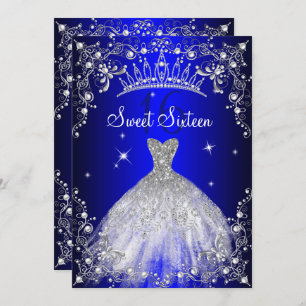 Invitation Royal Blue Sweet 16 Silver Pearl Dress fête
