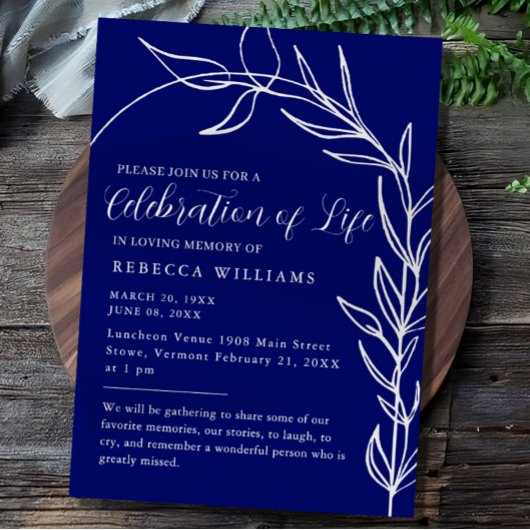Invitation Royal Blue Text Célébration minimale de la vie
