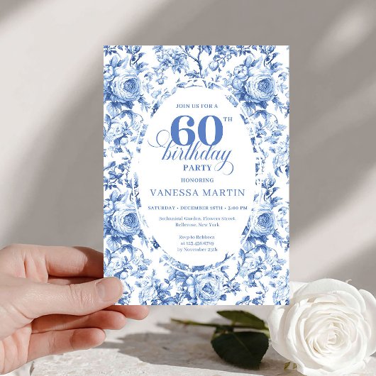 Invitation Royal Blue Toile Roses 60th Birthday Invite Printa